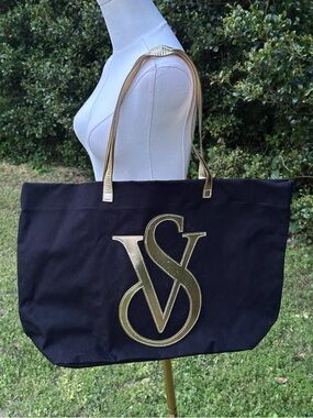 Victorias Secret L Tote Bag Black Faux Leather Trim Gold Lettering Travel Beach